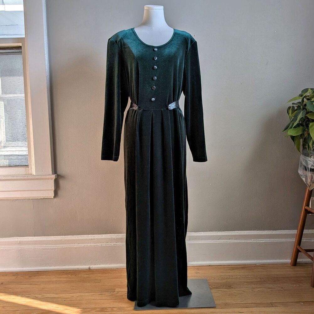 Vintage 90s Helene Blake Green Velvet Maxi Dress Cottagecore Plus Size 16